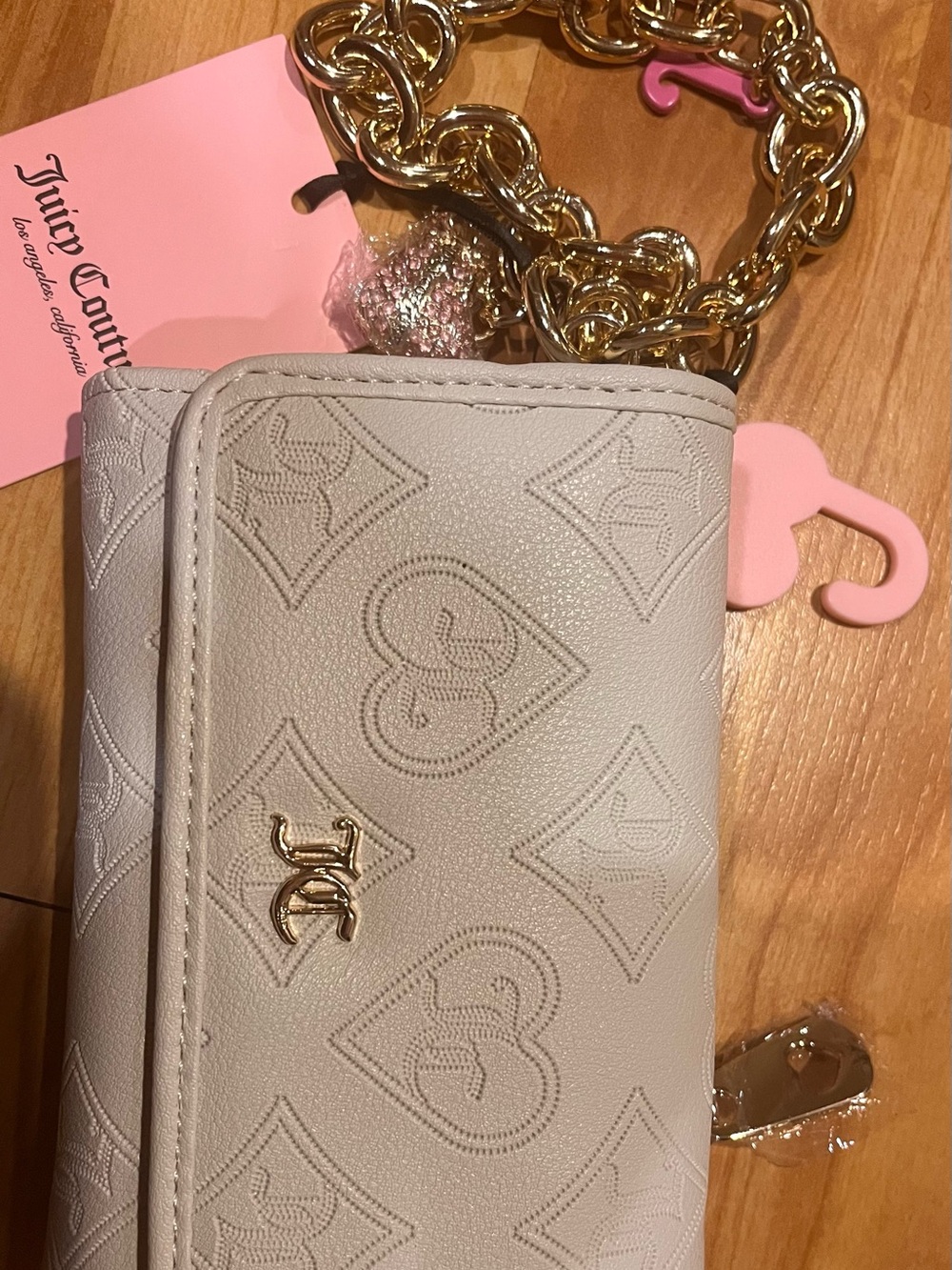 Juicy Couture Cream Embossed Heart Wallet with Gold Chain
